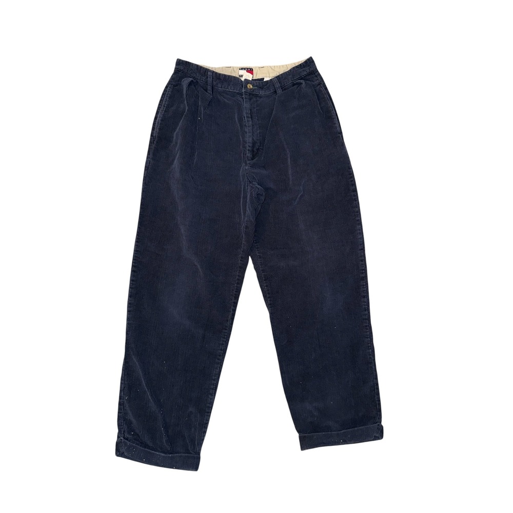 Vtg Tommy Hilfiger Corduroy Pants Mens 34x30 Navy Blue Pleated Straight Leg
